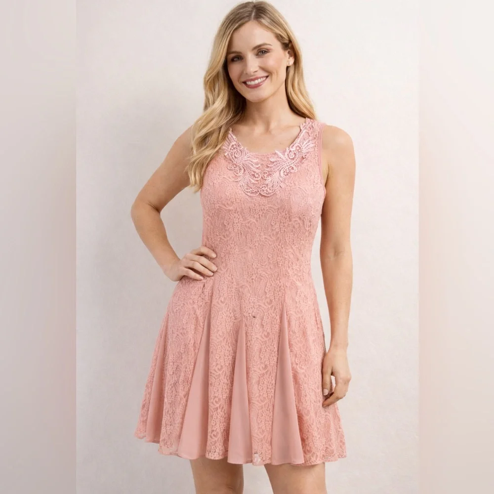 Simply Couture | Dresses | Simply Couture Pink Lace Beaded Mini Dress Lined  Fairy Stretch Fit Flare Bling | Poshmark